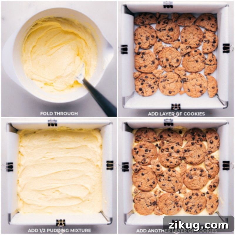 You've got to try this Chocolate Chip Cookie Icebox Cake! With only four ingredients, you can create a rich, creamy, and truly decadent dessert that will leave everyone wanting more! Recipe via chelseasmessyapron #dessert #best #quick #easy #simple #familyfriendly #kidfriendly #chocolatechip #cookie #iceboxcake Process shots of Chocolate Chip Icebox Cake showing the layering of crispy cookies and the creamy pudding mixture in a baking pan, ready for chilling.