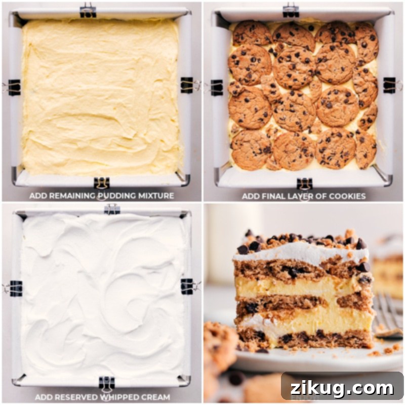 Chocolate Chip Cookie Icebox Cake! With only four ingredients, you can create a rich, creamy, and truly decadent dessert that will leave everyone wanting more! Recipe via chelseasmessyapron #dessert #best #quick #easy #simple #familyfriendly #kidfriendly #chocolatechip #cookie #iceboxcake Final process shots of Chocolate Chip Icebox Cake showing the top layers of cookies and whipped topping being spread, indicating the cake is complete and ready for chilling.