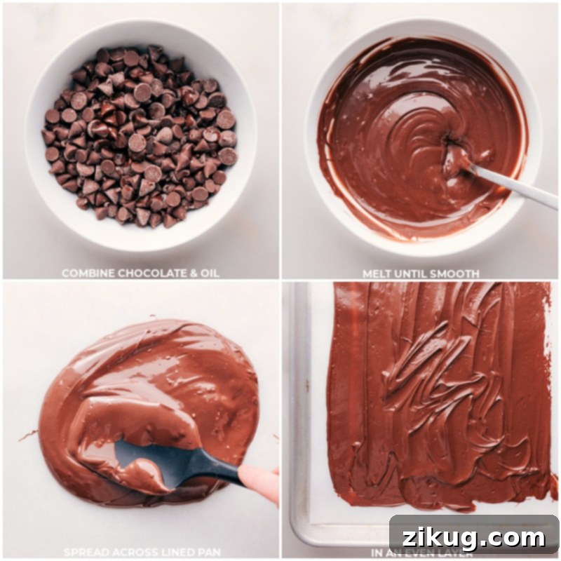 Easter Bunny Munch 3 Process images showing melted milk chocolate being spread thinly on a parchment-lined baking sheet.