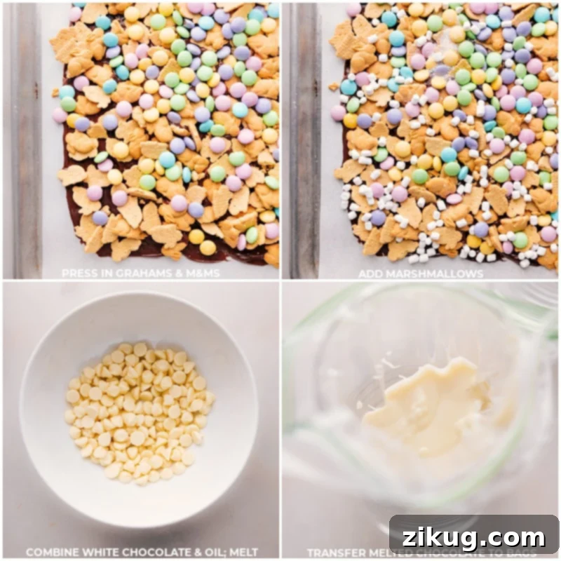 Easter Bunny Munch 4 Process images showing bunny grahams, M&M's, and dehydrated marshmallows being added onto the melted milk chocolate base, followed by melted white chocolate being prepared for drizzling.