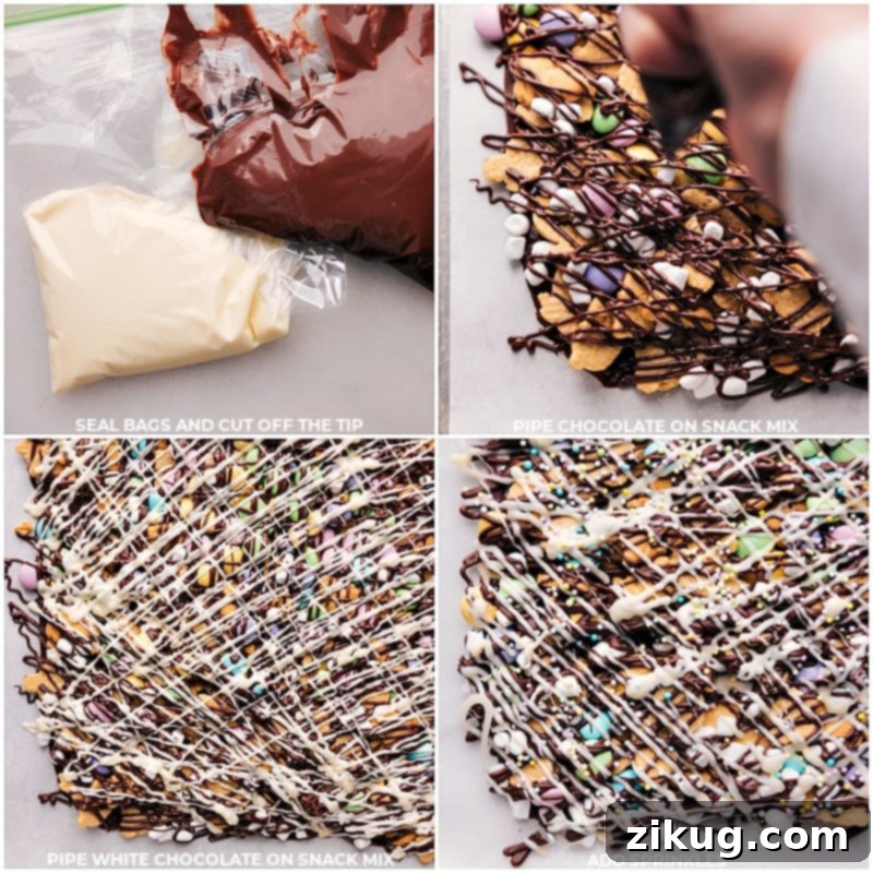 Easter Bunny Munch 5 Process images showing the final steps of making Easter Snack Mix, with both milk and white chocolate being drizzled over the toppings, followed by colorful sprinkles.