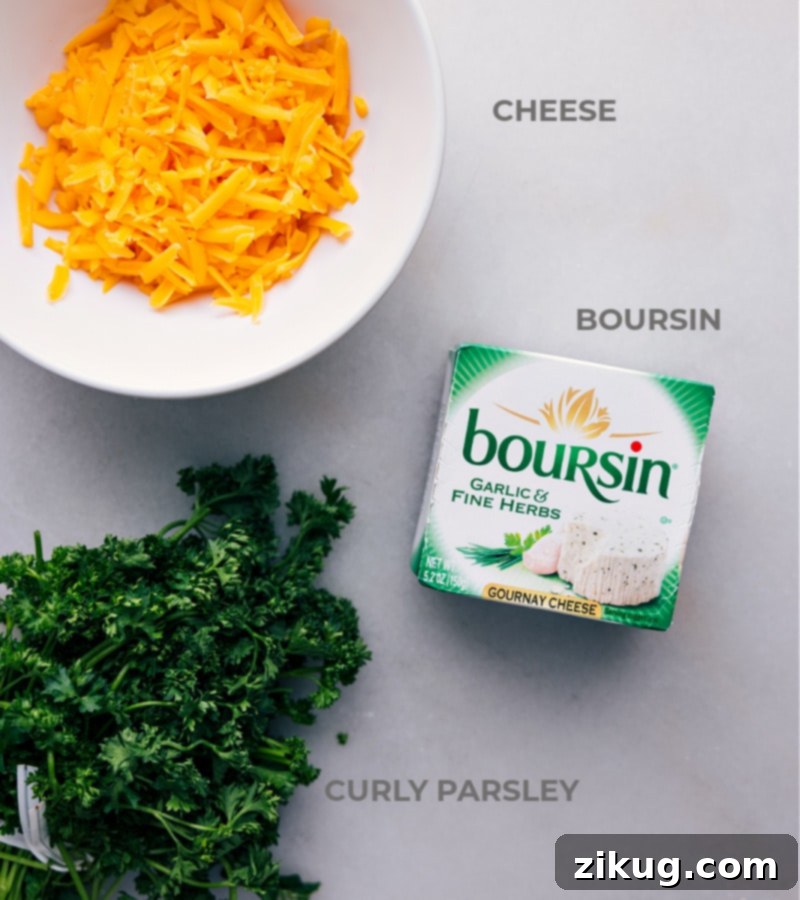 The simple yet essential ingredients that create this fun and flavorful Carrot Cheeseball. Ingredients for Carrot Cheeseball, featuring Boursin cheese and sharp Cheddar