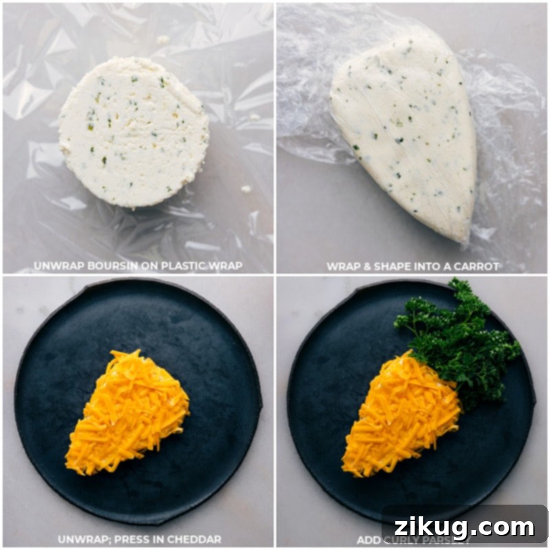 Visual guide: transforming creamy Boursin into a festive carrot shape, coating it with Cheddar, and adding a fresh parsley top. Process shots of the Carrot Cheeseball being shaped, rolled in cheddar, and finished with parsley