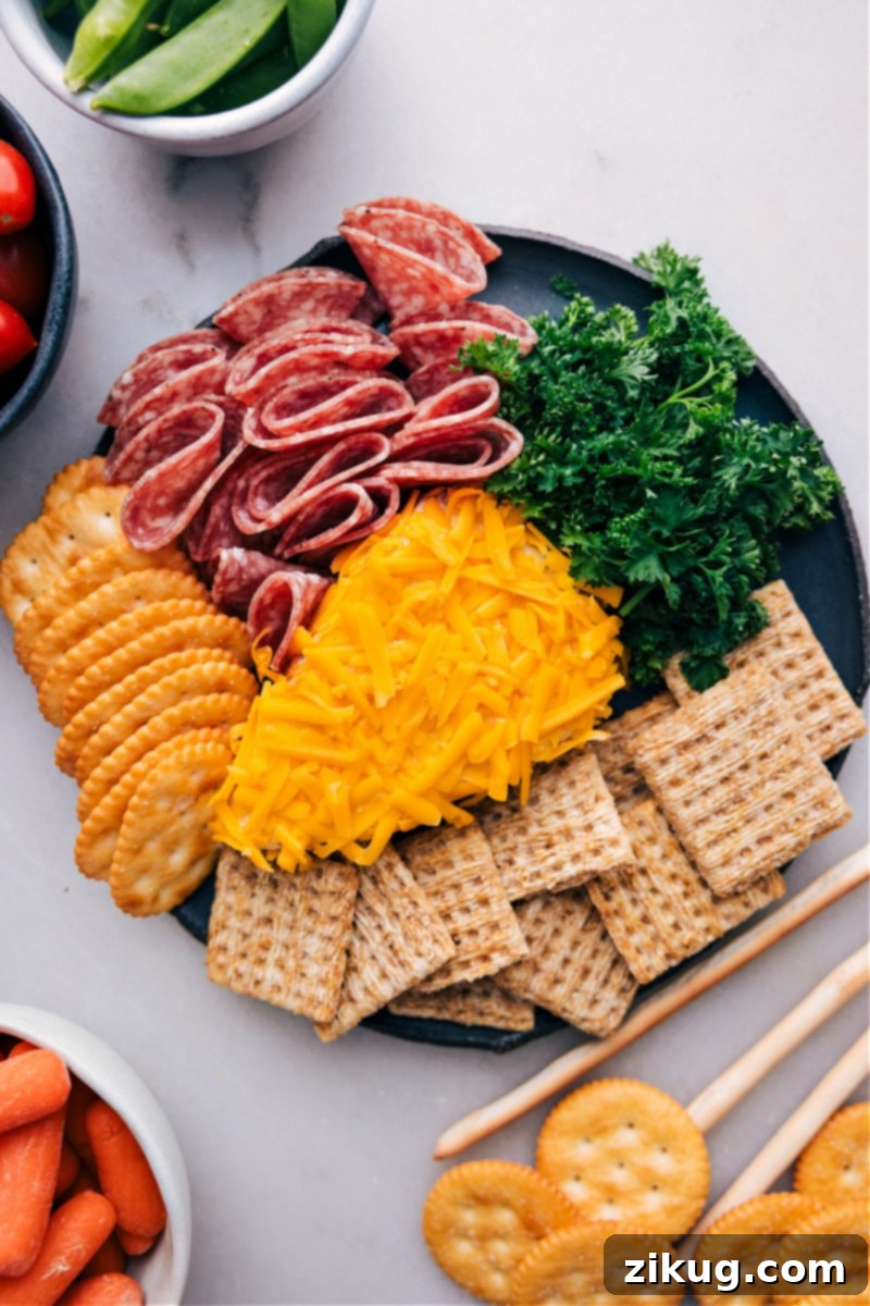 A beautifully arranged appetizer platter featuring the Carrot Cheeseball, inviting guests to partake. Overhead image of the Carrot Cheeseball appetizer ready to be enjoyed with various dippers