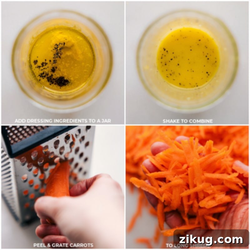 Preparation steps for French Carrot Salad: making the zesty lemon-honey-Dijon dressing and preparing fresh carrots. Process shots showing dressing ingredients being whisked together and carrots being peeled for a French Carrot Salad.