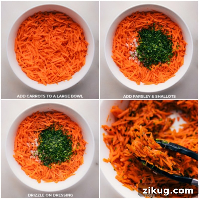 Assembling the French Carrot Salad: combining grated carrots, shallots, and parsley before adding the zesty lemon-honey-Dijon dressing. Process shots of French Carrot Salad, showing grated carrots, parsley, and shallots in a bowl, with the dressing being drizzled over them.