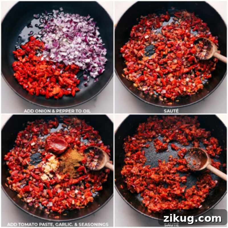 Building the Flavor: Sautéing Aromatics for Shakshuka Process shots showing diced red onion and roasted red pepper sautéing, followed by tomato paste, garlic, and spices being added to a skillet.