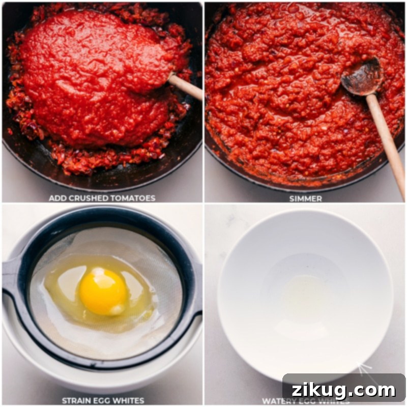 Preparing the Shakshuka Base: Tomatoes and Perfectly Strained Eggs Process shots showing crushed tomatoes being added to the sautéed vegetables, followed by eggs being strained to remove watery whites before adding to the sauce.