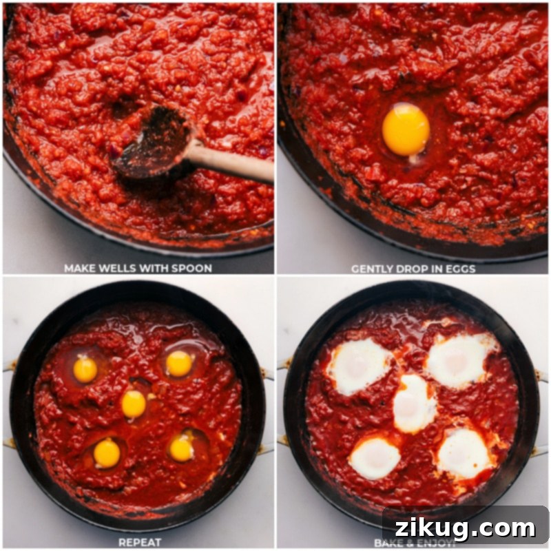 The Final Touch: Poaching Eggs in Shakshuka Process shots showing eggs carefully dropped into the simmering tomato mixture, followed by the skillet baking in the oven for perfectly poached eggs.