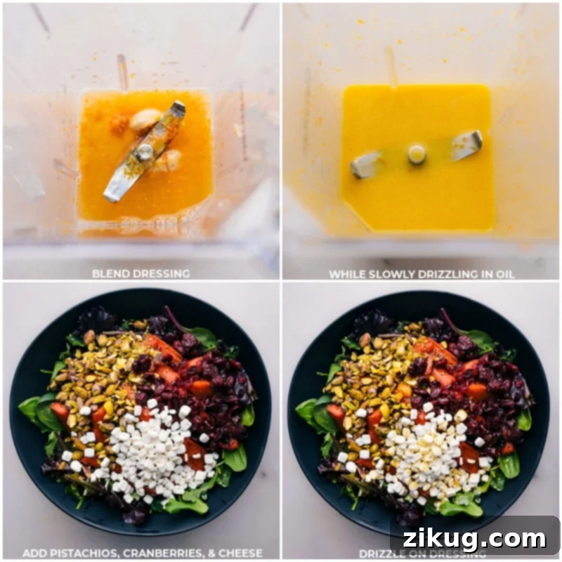 Delicious Roasted Carrot Salad The process of preparing the citrus dressing, with various ingredients combined, and all the salad components ready to be mixed together in a large bowl.