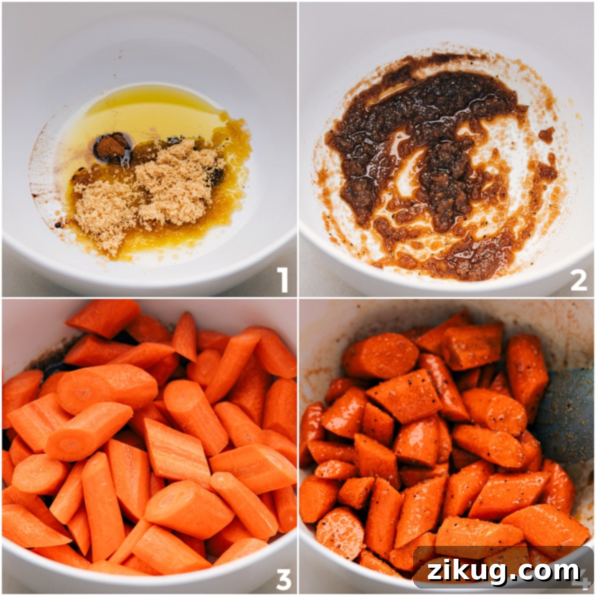 The process of coating brown sugar roasted carrots: a mix of brown sugar, olive oil, cinnamon, and salt being whisked together in a bowl, then fresh carrots added and tossed to ensure even coating.