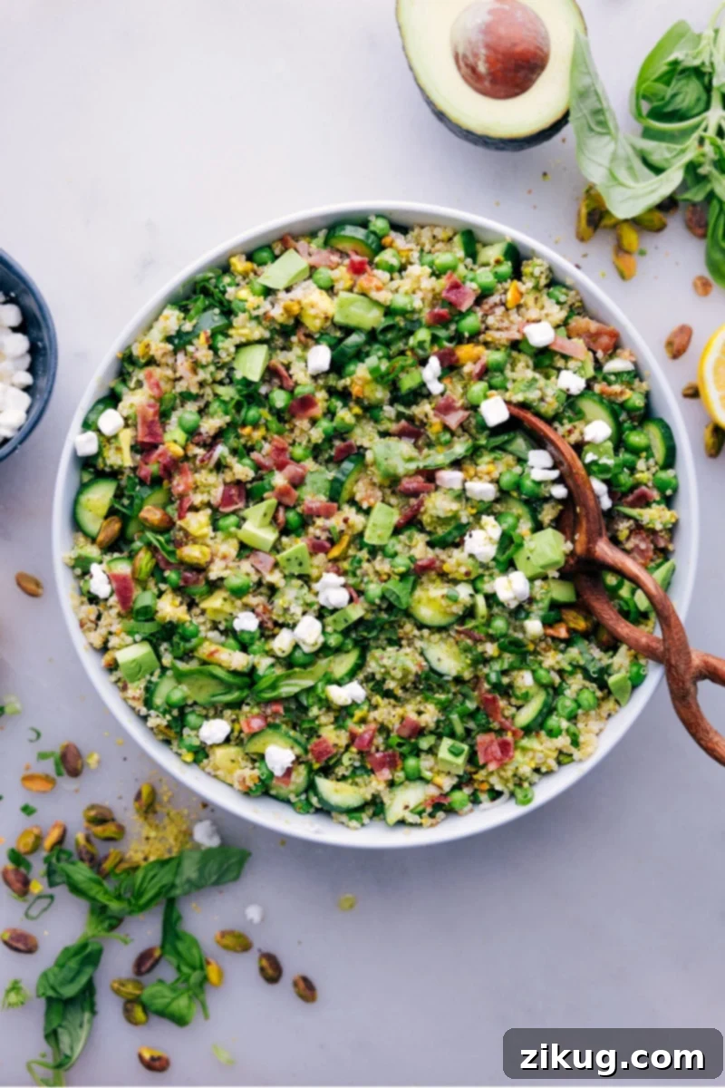 Overhead image of the Herbalicious Quinoa Salad, showcasing its fresh ingredients and vibrant colors, ready to be served