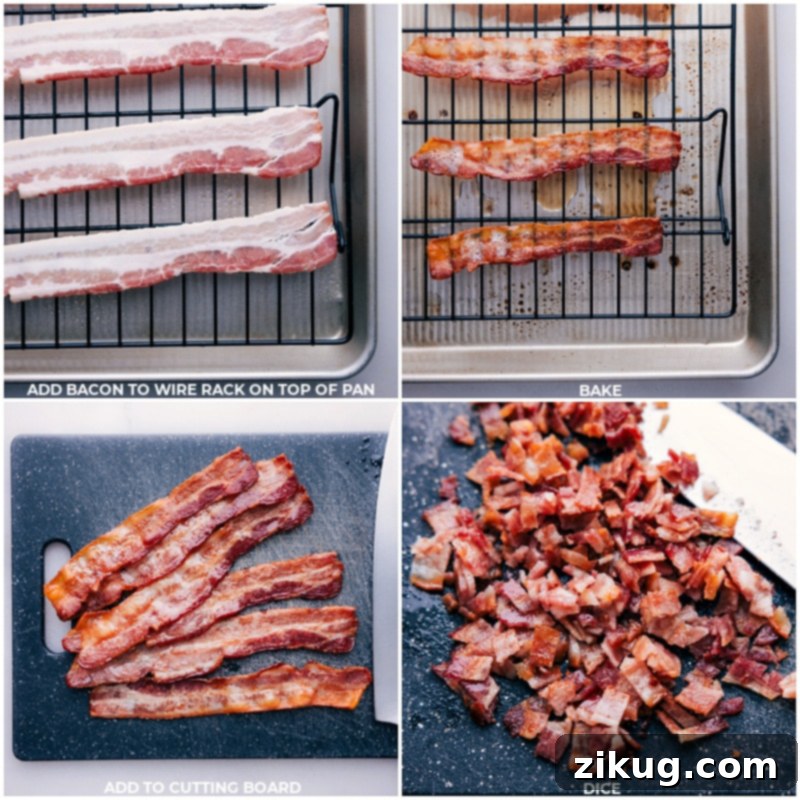 Process shots showing crispy bacon being cooked in the oven and then expertly chopped for the salad