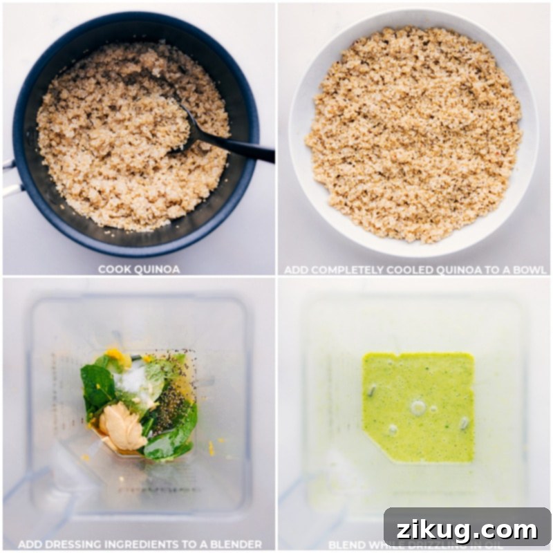 Process shots of Herbalicious Quinoa Salad, showing quinoa cooking in a pot and fresh dressing ingredients blending together