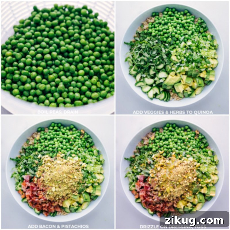 Process shots showing frozen peas being blanched and drained, followed by all salad ingredients being tossed together in a large bowl