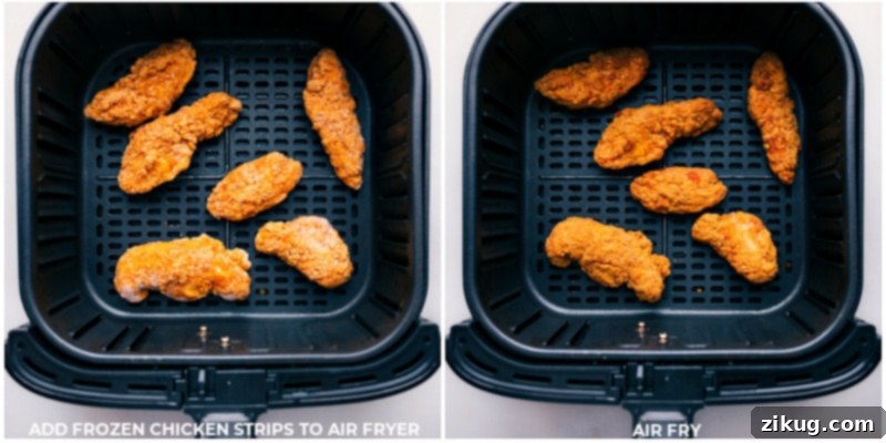 Process images showing chicken strips being air-fried to a golden crisp, ready for wrap assembly