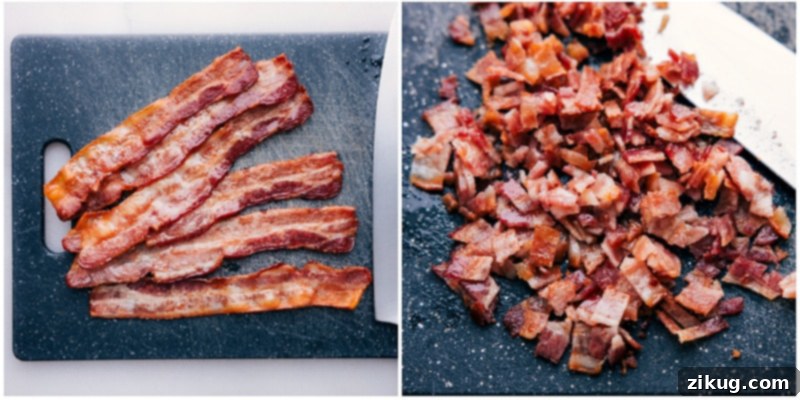Process shots of bacon being expertly chopped into small pieces for the wraps