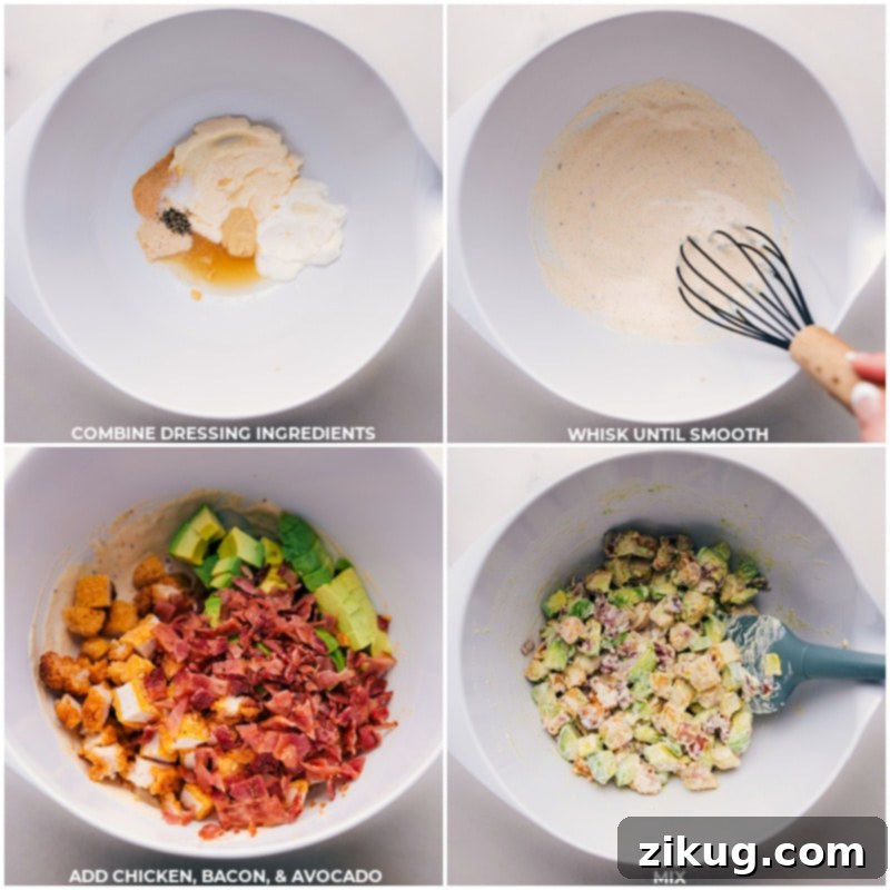 Process images illustrating the whisking of the creamy dressing and the combination of all wrap ingredients in a bowl