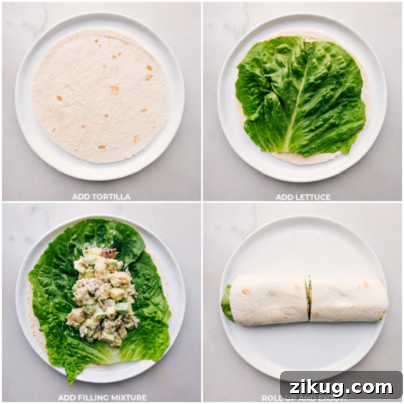 Process images demonstrating layering lettuce and filling onto a tortilla, then expertly rolling it up