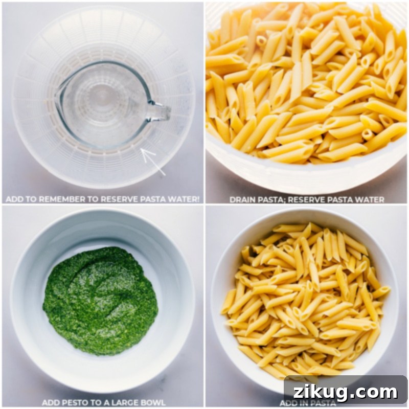 See how easy it is to make Pesto Pasta! Just cook, drain, and toss with fresh pesto for a delicious meal. Recipe via chelseasmessyapron. #PestoPastaSteps #CookingTips #SimpleRecipe Process shots: A colander draining cooked pasta, followed by hot pasta being added to a large bowl with vibrant green pesto, ready to be tossed.
