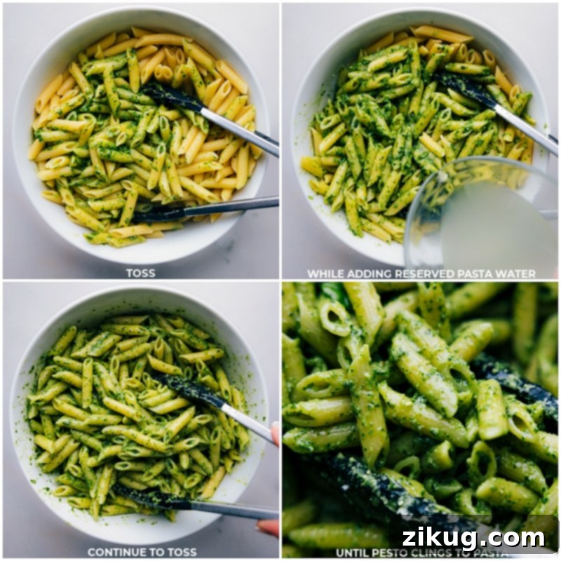 Achieve the perfect creamy Pesto Pasta by tossing it with reserved pasta water. An easy and delicious weeknight meal! Recipe via chelseasmessyapron. #PestoPastaTips #CreamySauce #CookingHack Close-up process shot of Pesto Pasta being tossed in a large mixing bowl with a splash of reserved pasta water, showing the creamy texture.