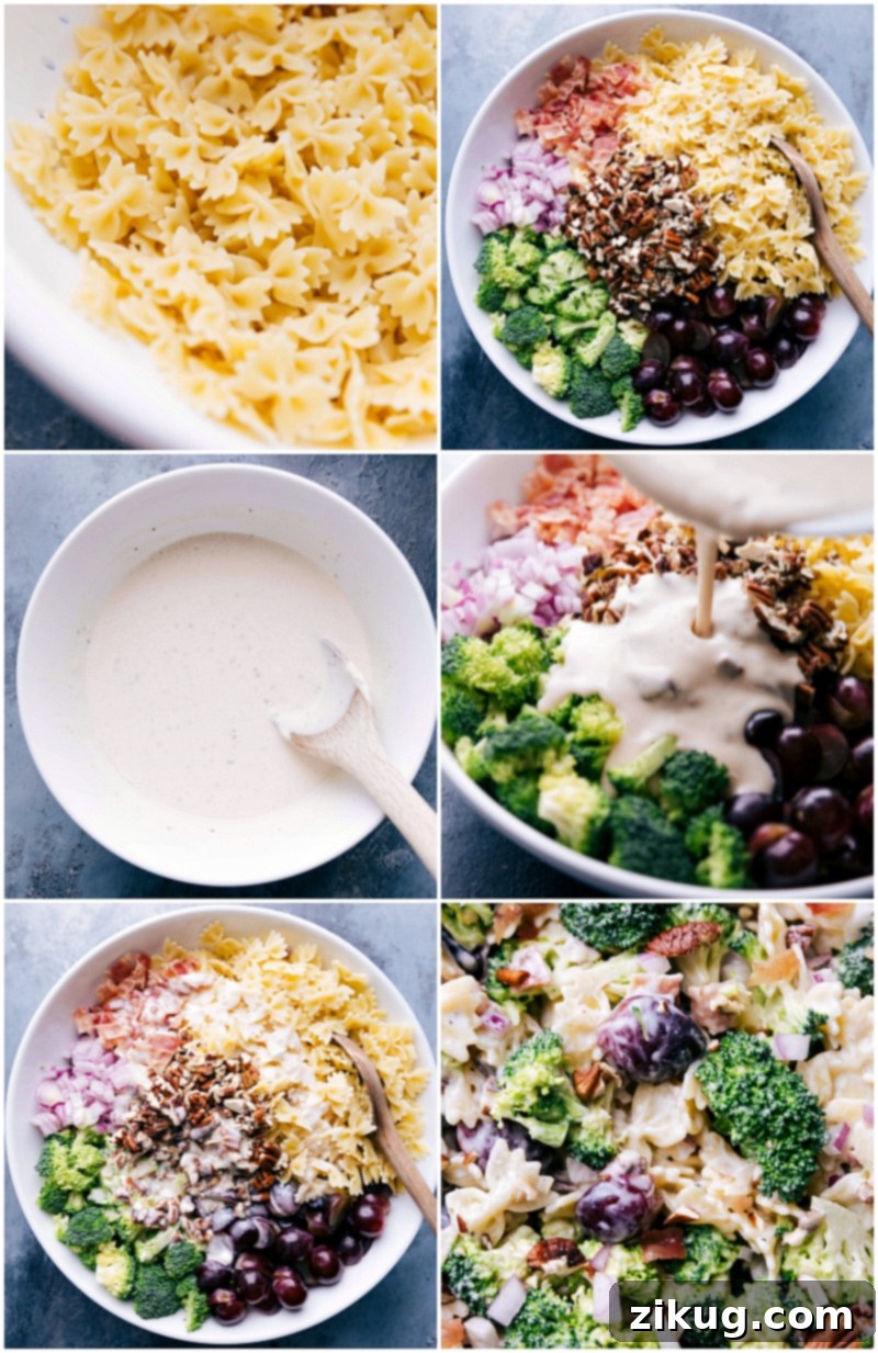 Assembling Broccoli Grape Pasta Salad: Cooking, Mixing, and Dressing Mixing the ingredients and pouring dressing onto the broccoli pasta grape salad.