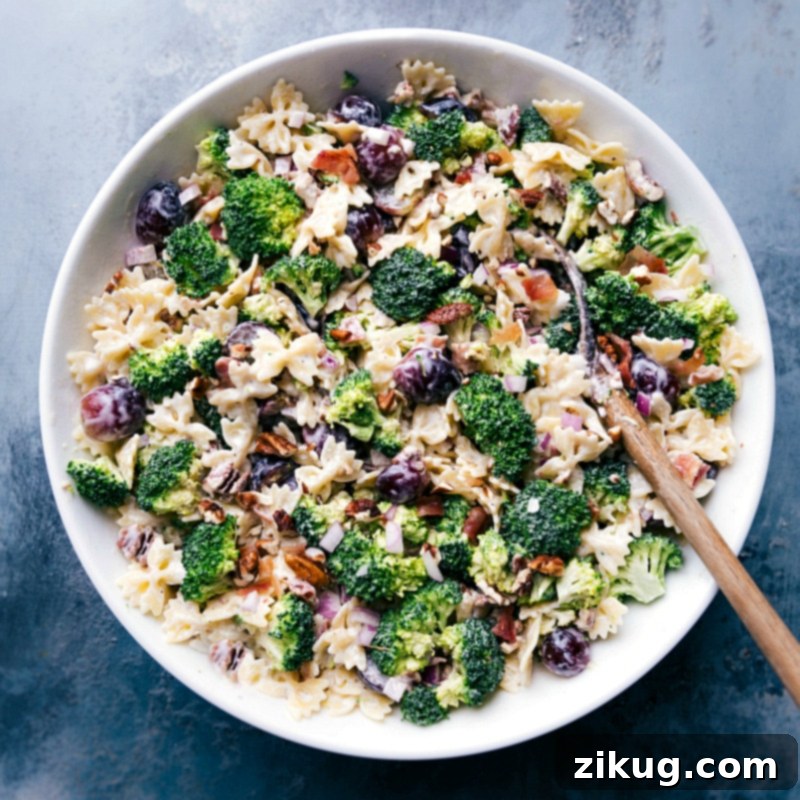 Broccoli Grape Pasta Salad, Perfectly Presented and Ready to Enjoy Overhead view of vibrant, healthy dish in a bowl, beautifully prepared and ready for serving.