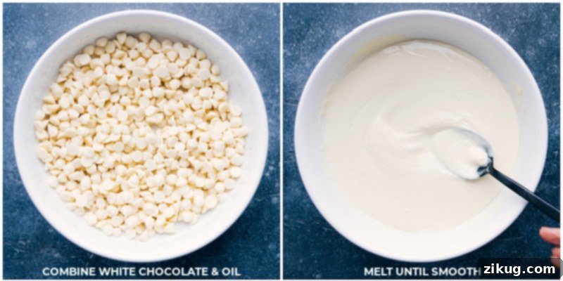 Melting the white chocolate for the best White Chocolate Chex Mix recipe. A step-by-step image showing white chocolate being melted in a bowl, a crucial stage in making the White Chocolate Chex Mix.