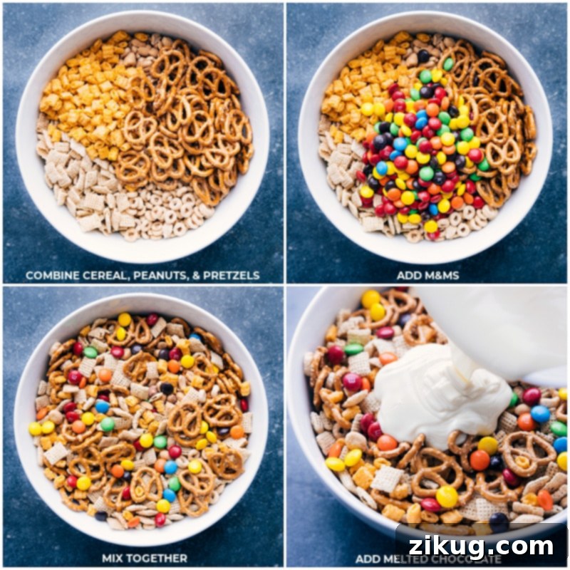 Combining ingredients and drizzling white chocolate for a perfect White Chocolate Chex Mix. Process images illustrating the making of white chocolate snack mix: various cereals, peanuts, pretzels, and M&M's mixed in a bowl, followed by melted white chocolate being drizzled over the mixture.