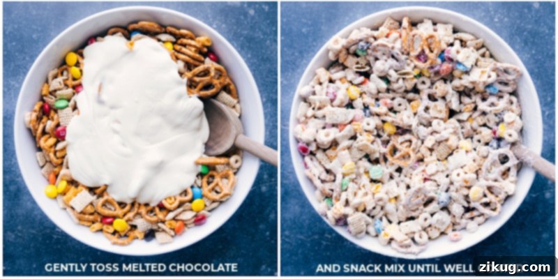 Mixing the white chocolate with the Chex mix for an amazing snack. A process shot showing the white chocolate being thoroughly mixed with all the dry ingredients in a large bowl, ensuring an even coating.