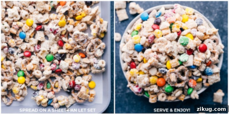 Spreading our delicious White Chocolate Chex Mix to cool and harden. A process shot of the white chocolate snack mix being spread evenly on a sheet pan lined with parchment paper, ready to set.