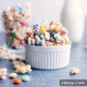 White Chocolate Cloud Mix 2 A close-up image of the finished White Chocolate Chex Mix in a bowl.