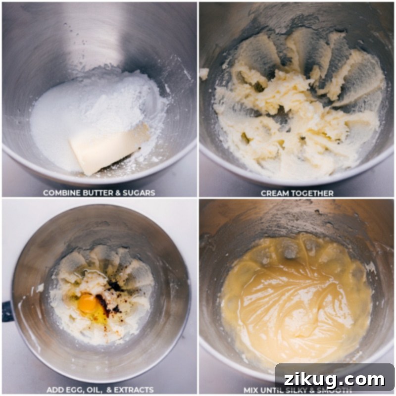 Key Wet Ingredients for Perfect Swig Sugar Cookies Process images illustrating the essential wet ingredients for Swig Sugar Cookies: room temperature butter, granulated sugar, powdered sugar, a large egg, vegetable oil, and pure vanilla extract, prepared for mixing.