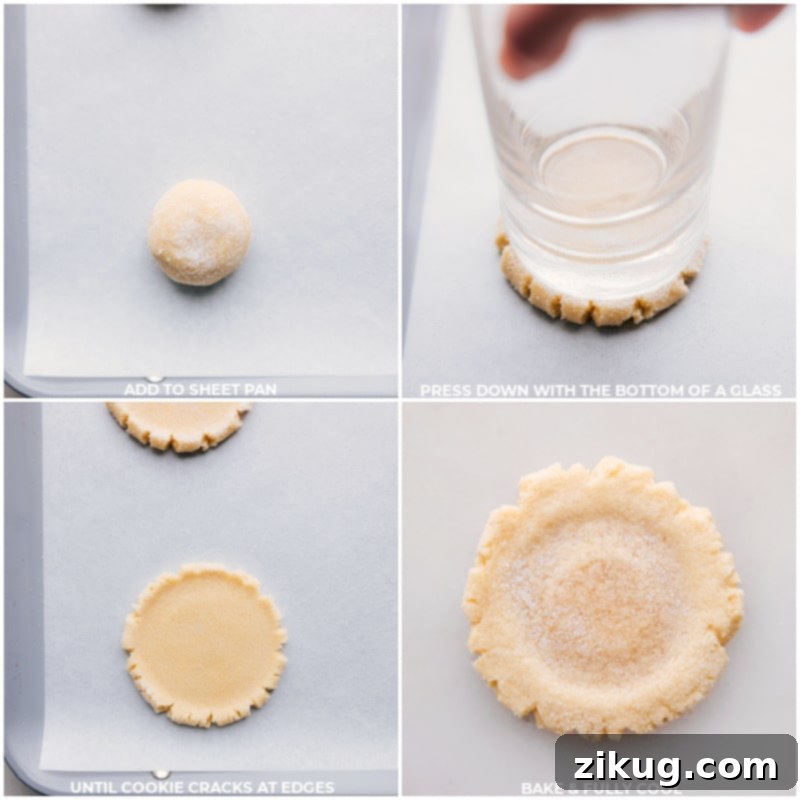 Shaping Swig Sugar Cookie Dough with Signature Indentation Process shot illustrating Swig Sugar Cookie dough being rolled into perfectly uniform balls and then indented with the bottom of a glass, prepared for baking.