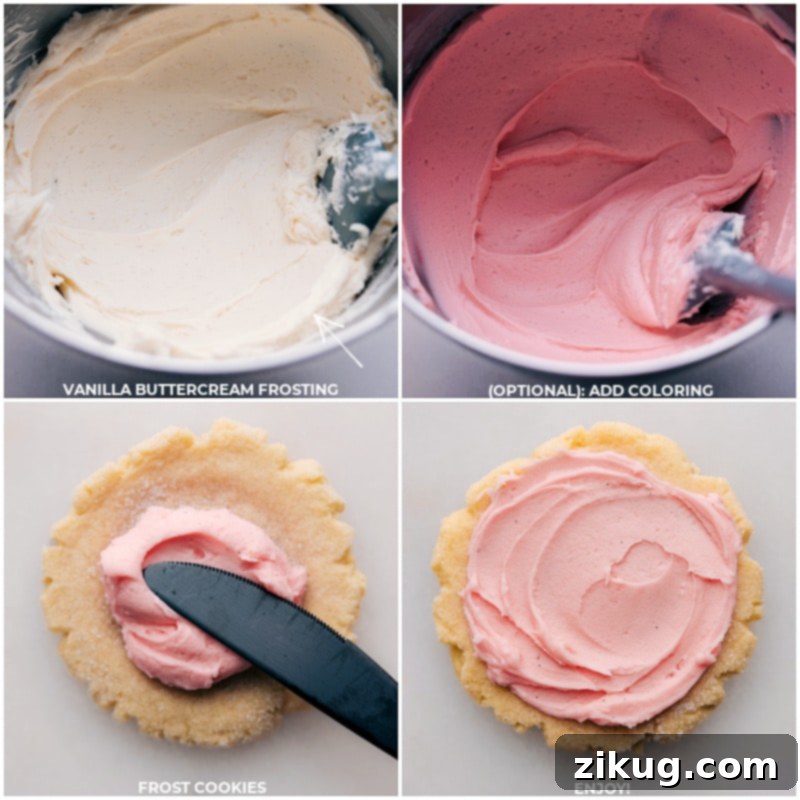 Mixing the Iconic Pink Frosting for Swig Sugar Cookies Process shots detailing the creation of Swig Sugar Cookie frosting: unsalted butter and powdered sugar being creamed, followed by the addition of red food coloring to achieve a signature pink hue.