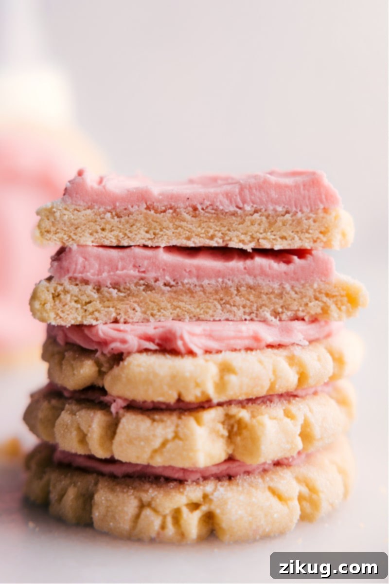 Perfectly Frosted Swig Sugar Cookie Ready to Enjoy A single, perfectly frosted Swig Sugar Cookie on a pristine white plate, capturing its soft, thick texture and inviting pink frosting, ready for a delicious bite.