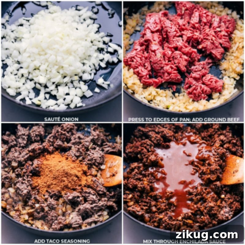 Process shots showing onions being sautéed, then ground beef browning with taco seasoning and enchilada sauce added, creating a rich and savory filling for the burritos.