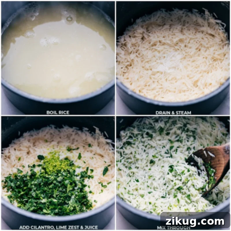 Process shots of the Beef Burrito Recipe showing rice being cooked, then fresh cilantro, lime zest, and lime juice being added to the pot for a vibrant cilantro-lime rice.