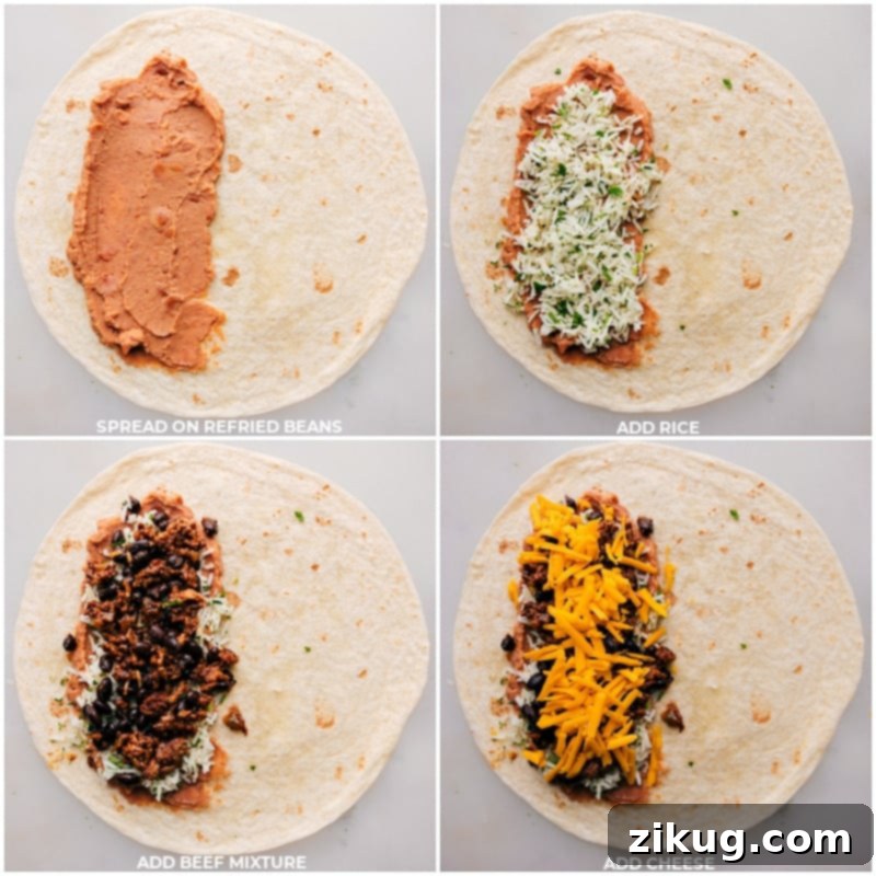 Process shots demonstrating how to properly fold and roll a beef burrito for a tight and secure wrap.