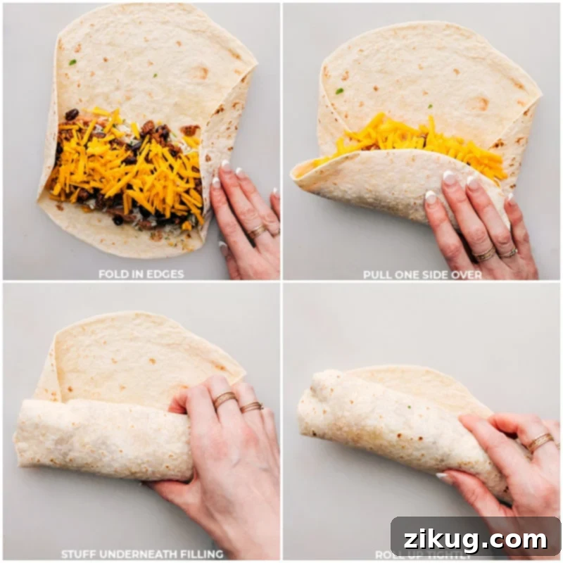 Process shots of Beef Burrito Recipe demonstrating the correct technique for folding and sealing a burrito.