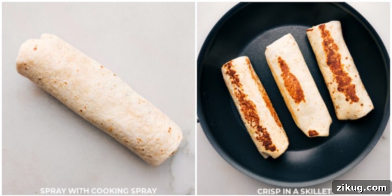 Process shots of a Beef Burrito Recipe showing a finished burrito being cooked on a skillet, achieving a perfect golden-brown and crispy exterior.