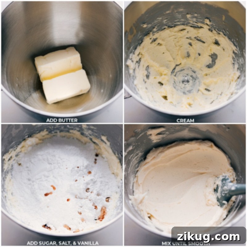 Essential Ingredients for Creamy Vanilla Frosting Ingredients like softened butter, powdered sugar, heavy cream, vanilla extract, and a pinch of salt being creamed together in a mixing bowl.