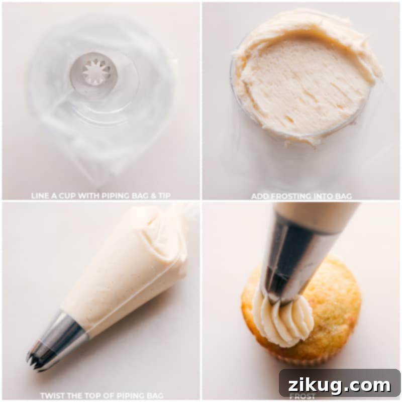 Piping Homemade Vanilla Buttercream Frosting A piping bag filled with smooth vanilla frosting, ready to decorate cupcakes, illustrating the perfect consistency for intricate designs.