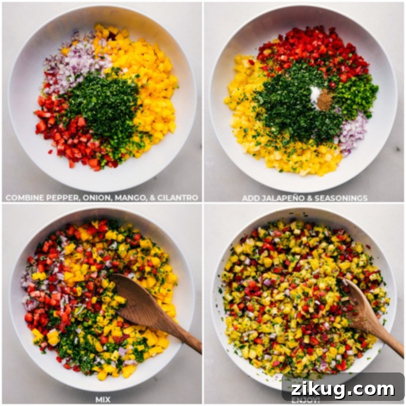 Combine Everything And Mix For This Delicious Pineapple Salsa A large glass bowl filled with diced pineapple, red pepper, jalapeño, and red onion, illustrating the first step of combining ingredients for the pineapple salsa.