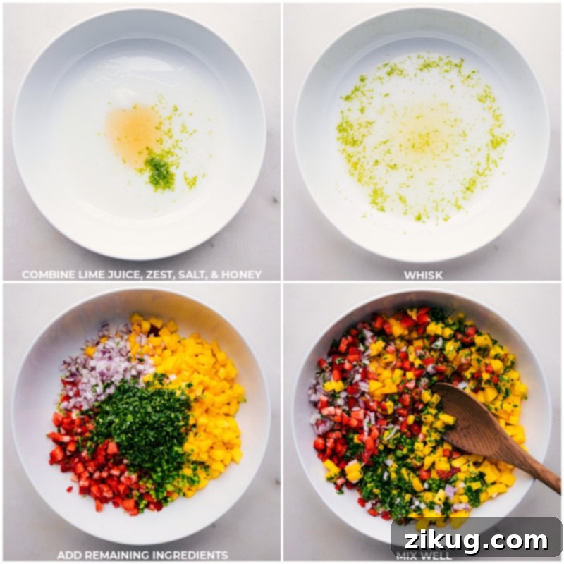 How To Make Strawberry Mango Salsa The step-by-step process of making strawberry mango salsa, showcasing all the ingredients like lime juice, zest, honey, salt, and finely chopped fruits being carefully combined in a large bowl.