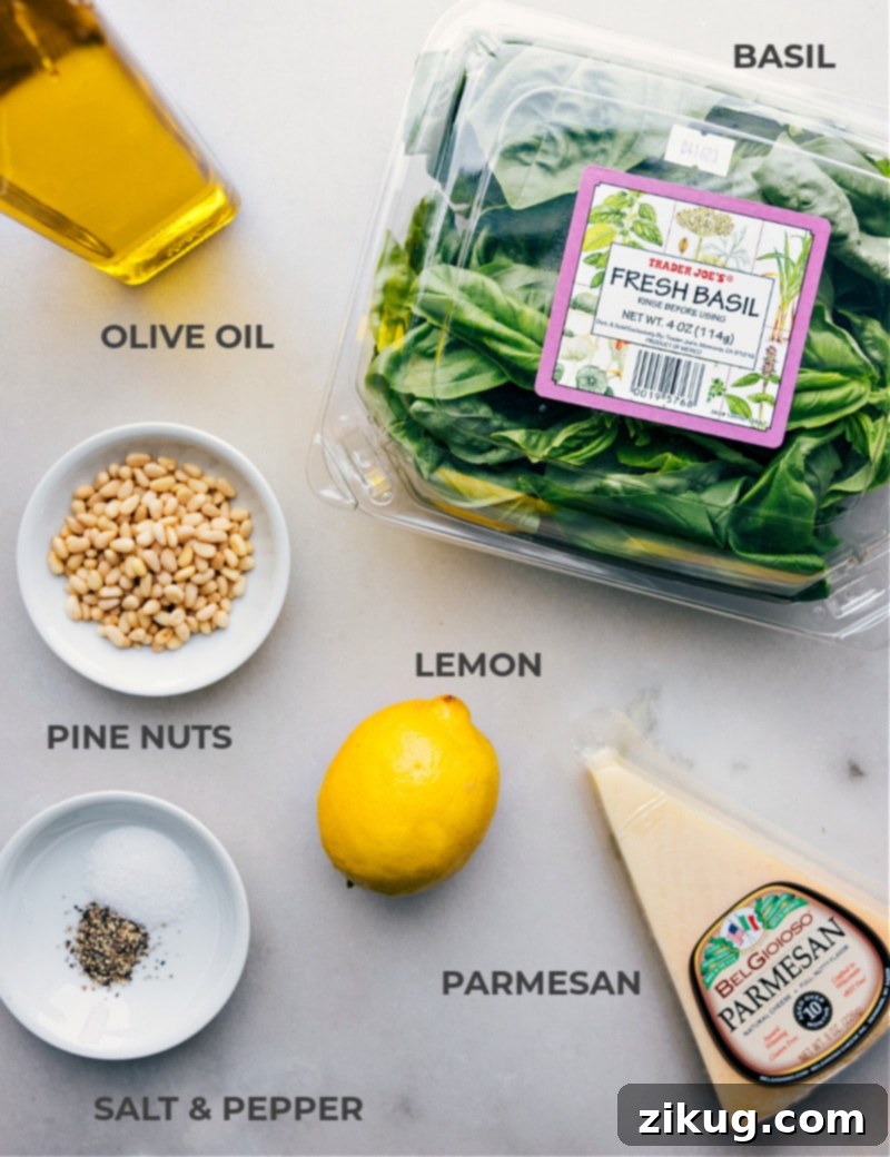 A close-up image showing all the fresh ingredients needed for this homemade Pesto Recipe: fresh basil leaves, pine nuts, garlic, Parmesan cheese, lemon, and olive oil