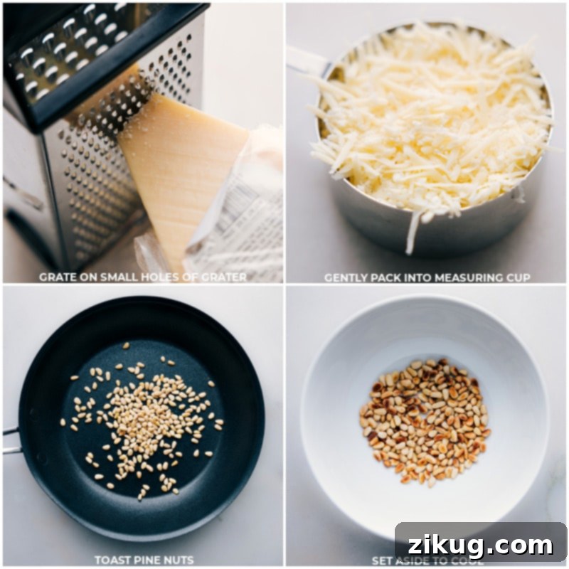 Process shots showing how to prepare pesto ingredients: finely grating Parmesan cheese and lightly toasting pine nuts in a pan