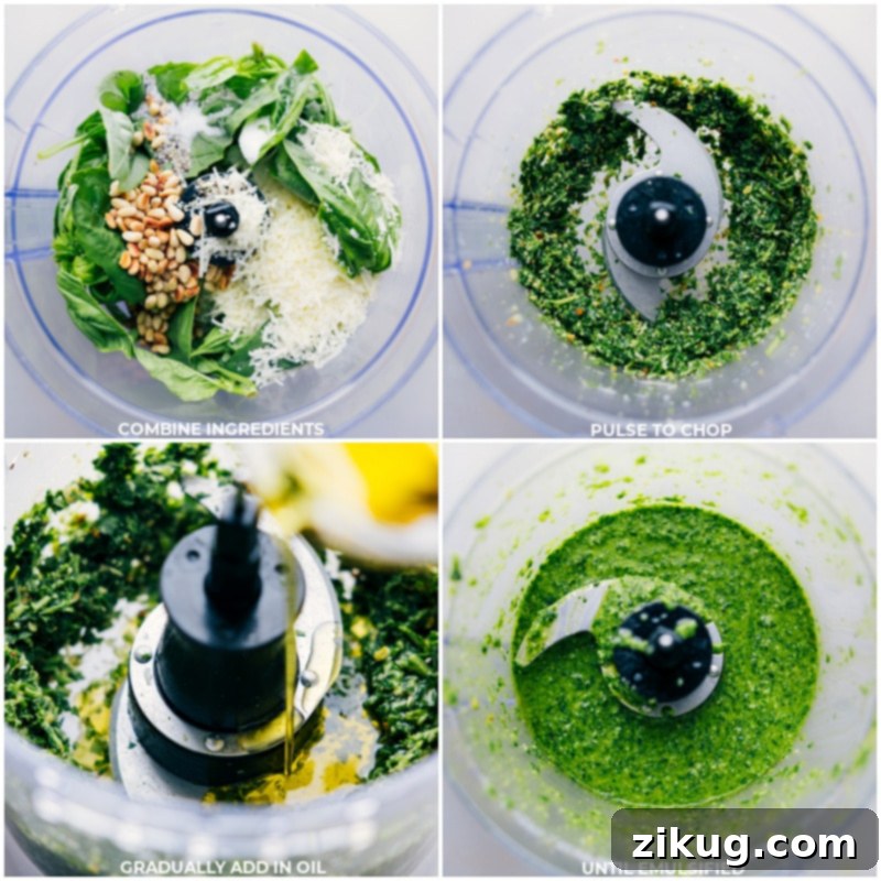 Process shots of making Pesto Recipe: combining all ingredients like basil, pine nuts, Parmesan, lemon, and olive oil in a food processor and blending them into a smooth, vibrant green sauce