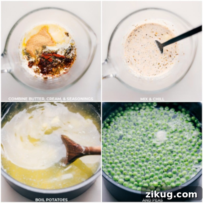 Creamy Sausage and Potato Foil Packs are a simple and delicious dinner option that's perfect for busy weeknights or camping trips. The best part? They are incredibly easy to make and require minimal cleanup! Recipe via chelseasmessyapron #dinner #quick #easy #simple #familyfriendly #kidfriendly #campfiremeals #campingmeals #comfortfood #creamy #sausage #potato #foilpacks Process shots demonstrating the preparation of the creamy sauce and the par-boiling of potatoes and peas for the foil pack assembly.