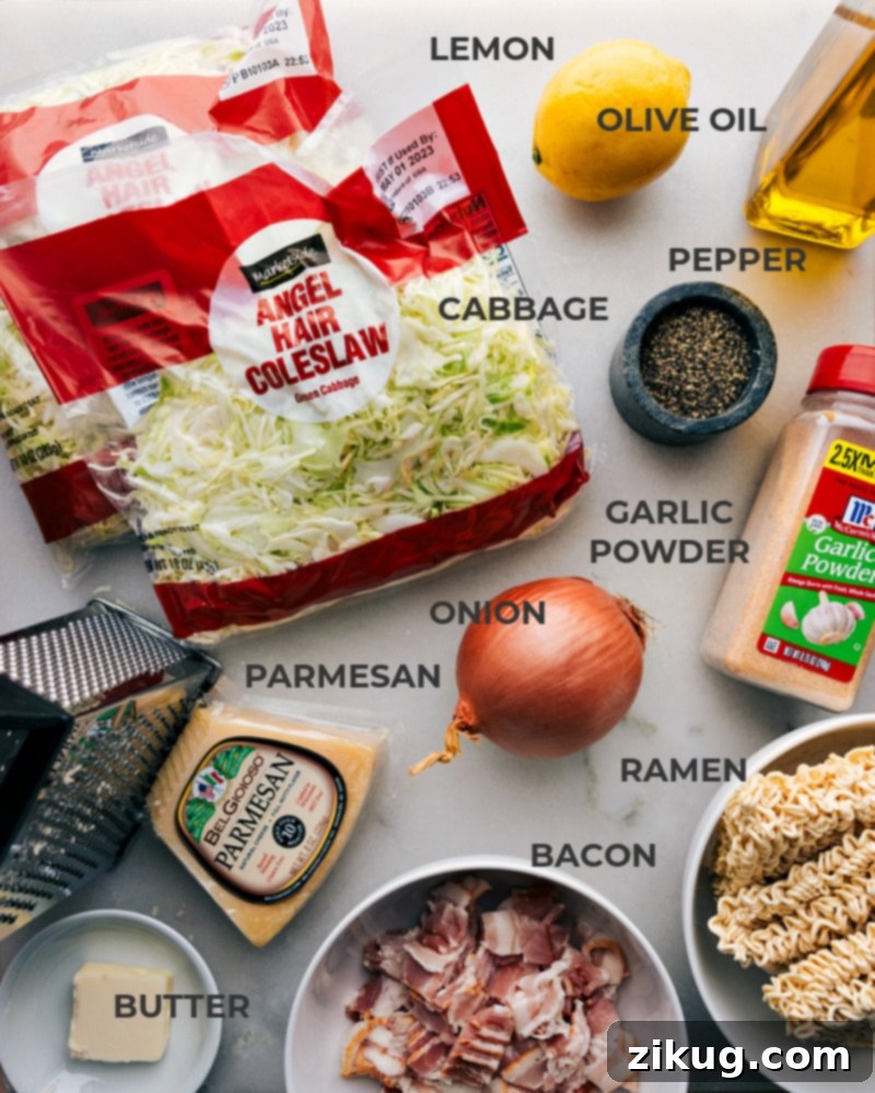 A vibrant flat lay image showcasing all the fresh and simple ingredients required for making the Fried Cabbage Ramen, including ramen noodles, bacon, cabbage, onions, and cheese.